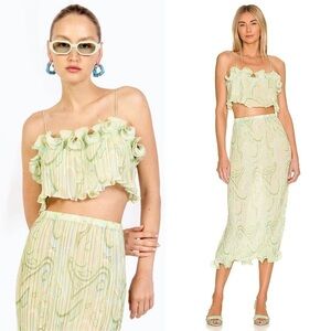 RONNY KOBO Pleated Crinkle Georgette Sage Swirl Print Ruffle Hem Midi Skirt XS
